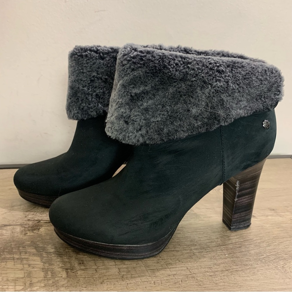 UGG Black Ankle Boots with Gray Fur Trim